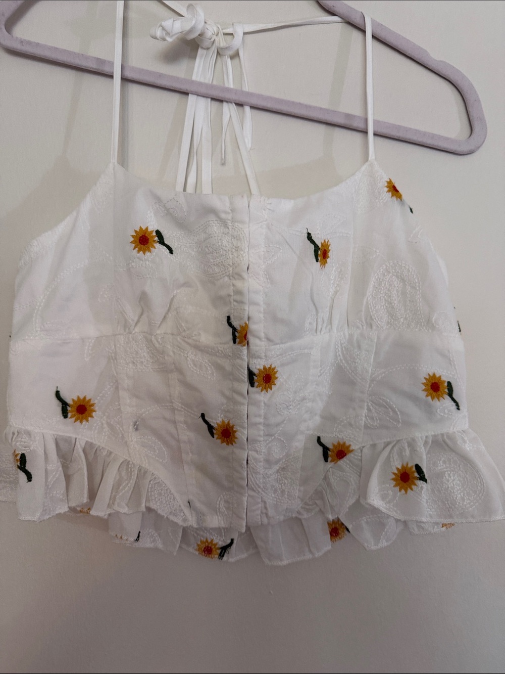 White Sunflower Embroidered Ruffle Crop Top